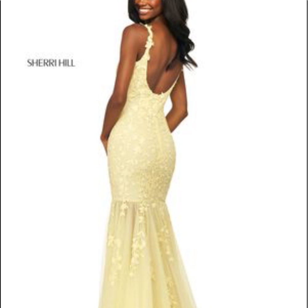 Sherri Hill Pale Yellow Floral Lace Mermaid Prom Dress